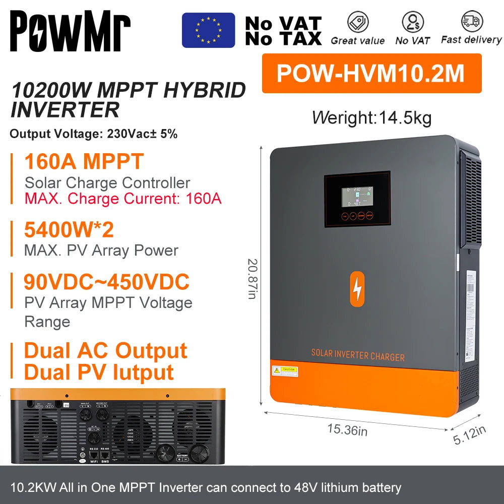 PowMr Hybrid Solväxelriktare 2kW–11kW – Ren Sinusvåg MPPT 120A 12V/24V/48V 220V LiFePO4/Litium/Blåsyra WiFi EU-lager CE