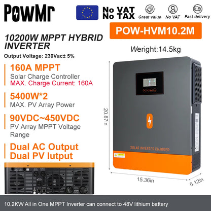 PowMr Hybrid Solväxelriktare 2kW–11kW – Ren Sinusvåg MPPT 120A 12V/24V/48V 220V LiFePO4/Litium/Blåsyra WiFi EU-lager CE