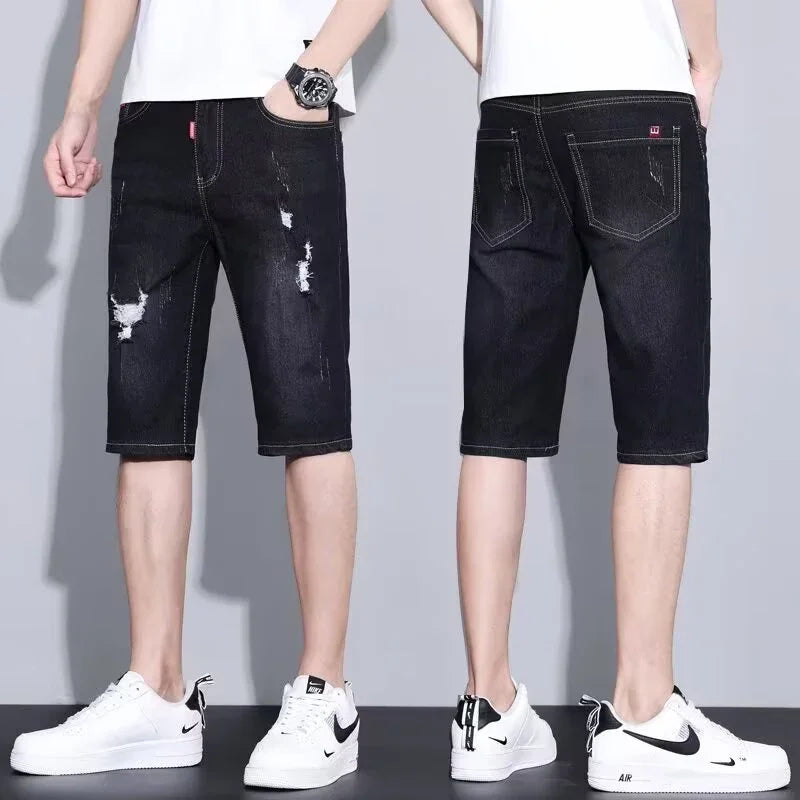 2026 Summer Men Loose Straight Ripped Jeans Male Daily Lightweight Breathable Knee Length Denim Shorts Street Trend Casual Pants