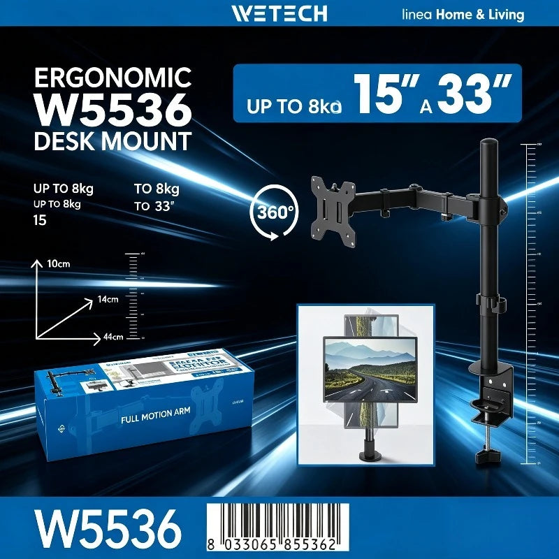 WETECH W5536 Single Monitor Desk Mount Bracket Dual Adjustable Arm Max Load 8kg Fit 15-33 Inch Monitor 360° Rotation +45° Tilt Support VESA 75x75 100x100 Clamp-on Monitor Stand