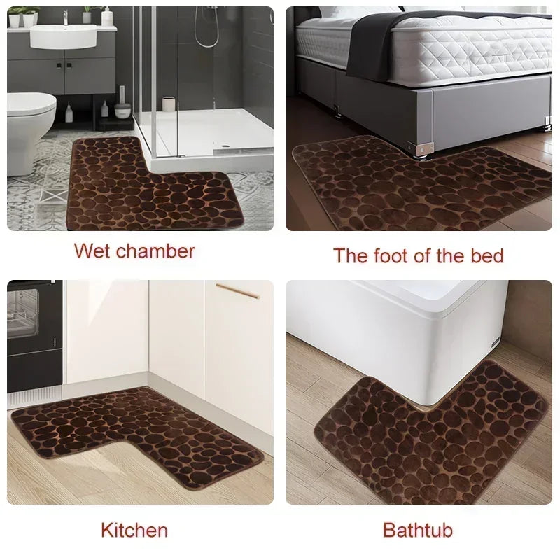 80x80cm New L-shaped Bath Mat Cobblestone Memory Foam Super Absorbent Non-Slip Corner Mat for Bathroom Shower Toilet Home Decor