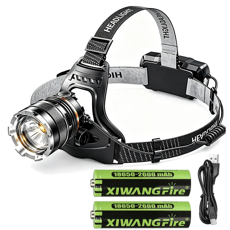 XIWANGFIRE XHP90.2 Pannlampa 50W – Zoom, Rörelsesensor, Vattentålig, 100–300m, Camping & Fiske