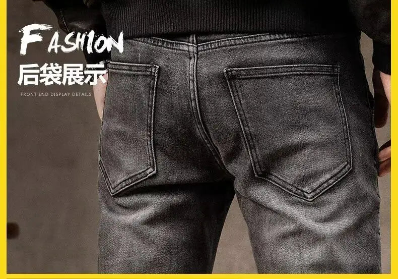 High Street Motorcycle Men's Brand Splice Pockmark Handsome 2025 Autumn Winter New Elastic Slim Fold Long Pants Casual Jeans
