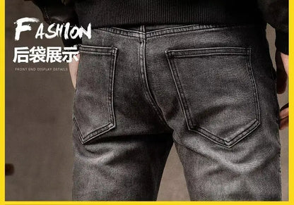 High Street Motorcycle Men's Brand Splice Pockmark Handsome 2025 Autumn Winter New Elastic Slim Fold Long Pants Casual Jeans