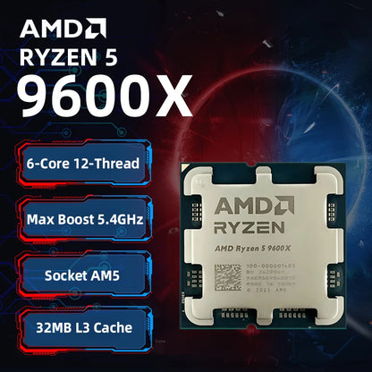 AMD Ryzen 5 9600X CPU 100% Brand New AMD 9600X Processor Up to 5.4GHz 6-Core 12-Thread 32MB L3 Cache Socket AM5 Zen 5 Gaming CPU