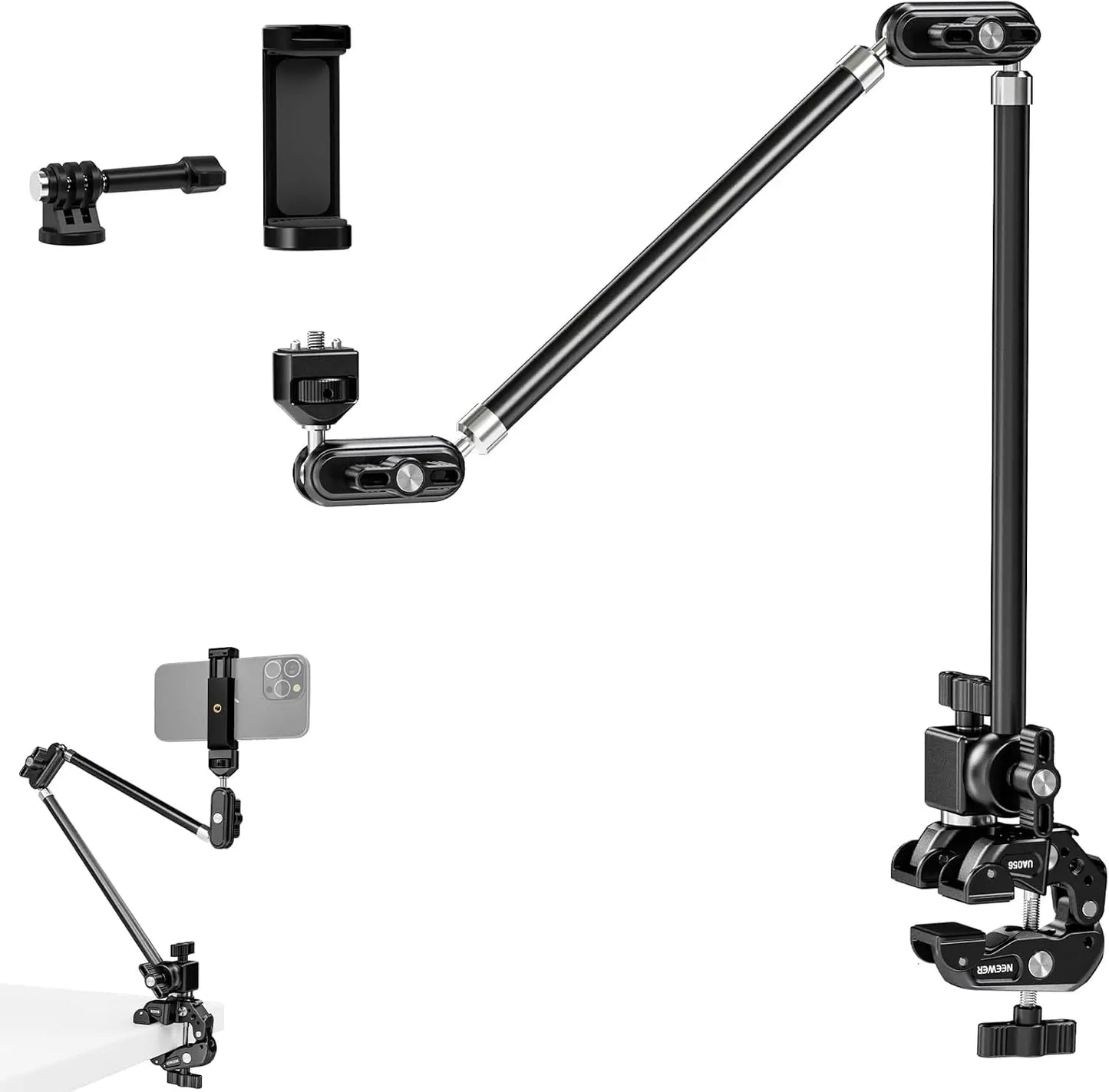 NEEWER 30" Articulating Magic Arm with Super Clamp/Action Cam Mount/Phone Holder For GoPro iPhone DSLR Webcam Microphone