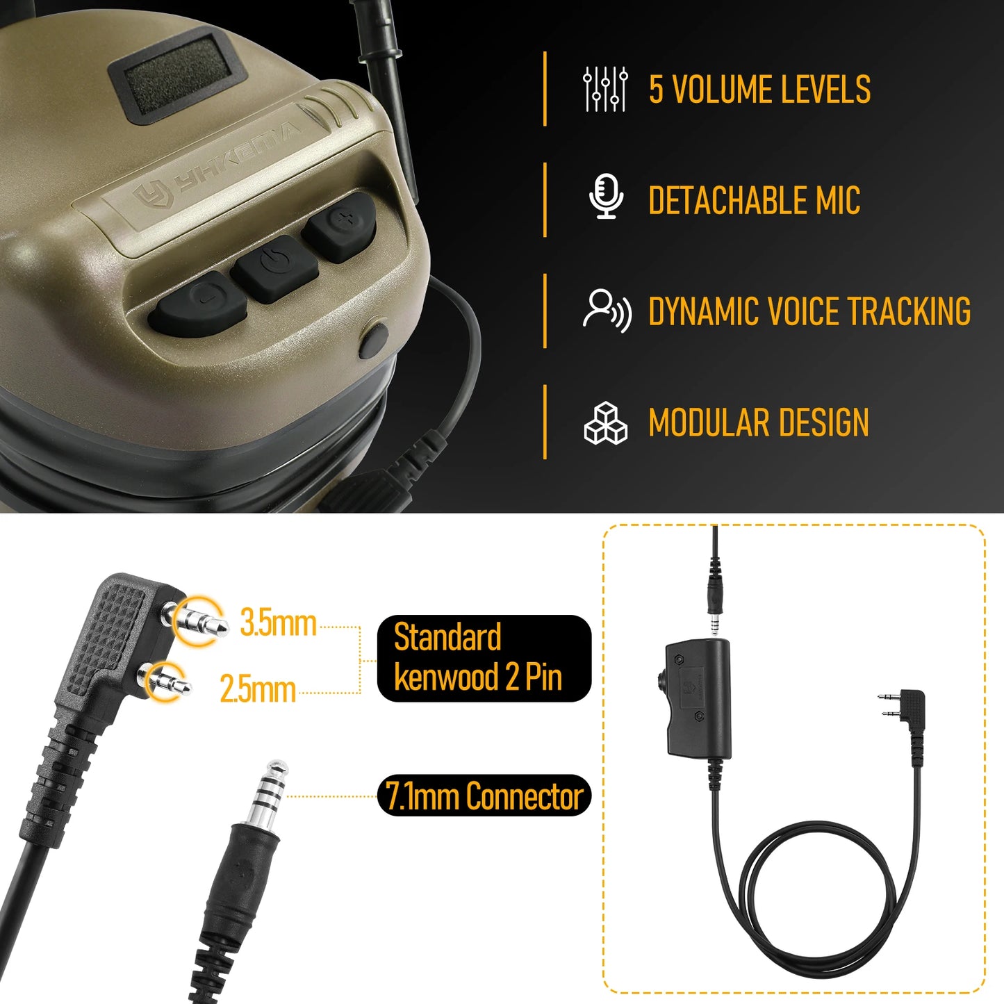 E80 Tactical Shooting Headset Electronic Hearing Protection with Kenwood 2 Pin PTT Adapter for Outdoor Hunting