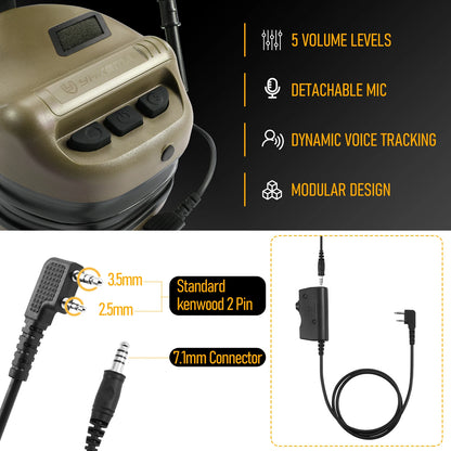 E80 Tactical Shooting Headset Electronic Hearing Protection with Kenwood 2 Pin PTT Adapter for Outdoor Hunting