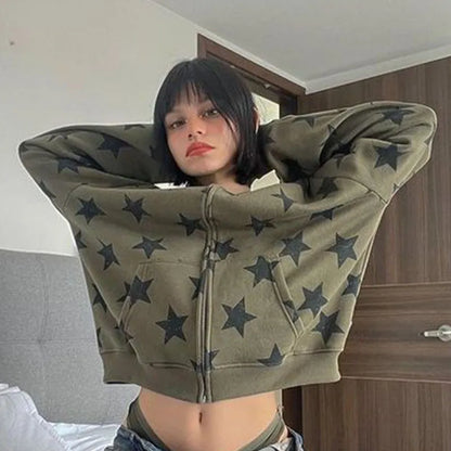 Sweatshirt Zip Up Hoodie Y2k Streetwear Loose Vintage Aesthetics Top Harajuku Jacket Casual Gothic Oversized Stars Print Clothes