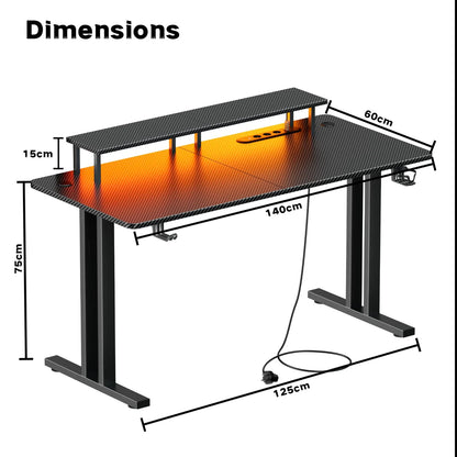 120/140/160CM Gaming Desk with LED Lights & Power Outlet, Ergonomic Carbon Fiber Computer Gamer Desk with Dual Monitor Stand,  Cup Holder & Headphone Hook, Home Office Gaming Table