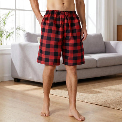 Herr Hemshorts Rutiga – Mjuka Lätta Casual Sovshorts, Grå & Röd M–1XL