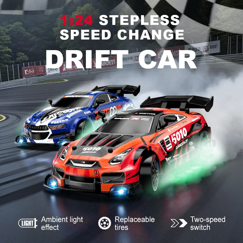 LKCOMO radiostyrd driftbil 1:24 med fyrhjulsdrift och LED-ljus
