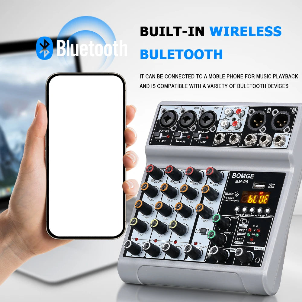 BOMGE 5 Channel Mixer with 3 Mic Line Input 48V Stereo Bluetooth MP3 PC U Dish Recording for Studio with Headphone Monitoring