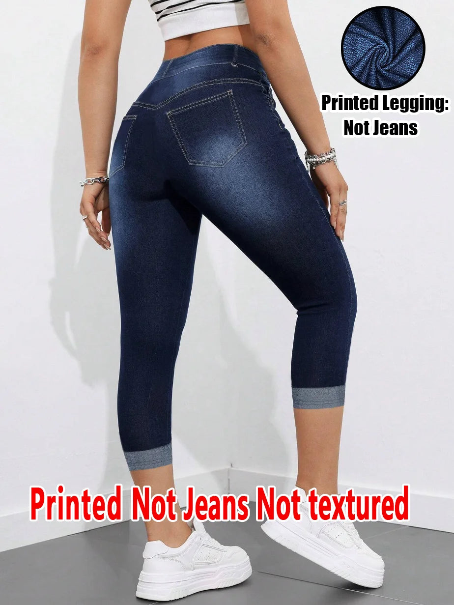 2007 [Printed Pants - Not Denim Fabric] Printed Legging - Not Denim Fabric Women's Imitation Denim Capri Pants Summer Blue