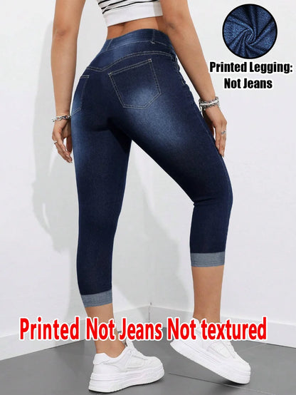 2007 [Printed Pants - Not Denim Fabric] Printed Legging - Not Denim Fabric Women's Imitation Denim Capri Pants Summer Blue