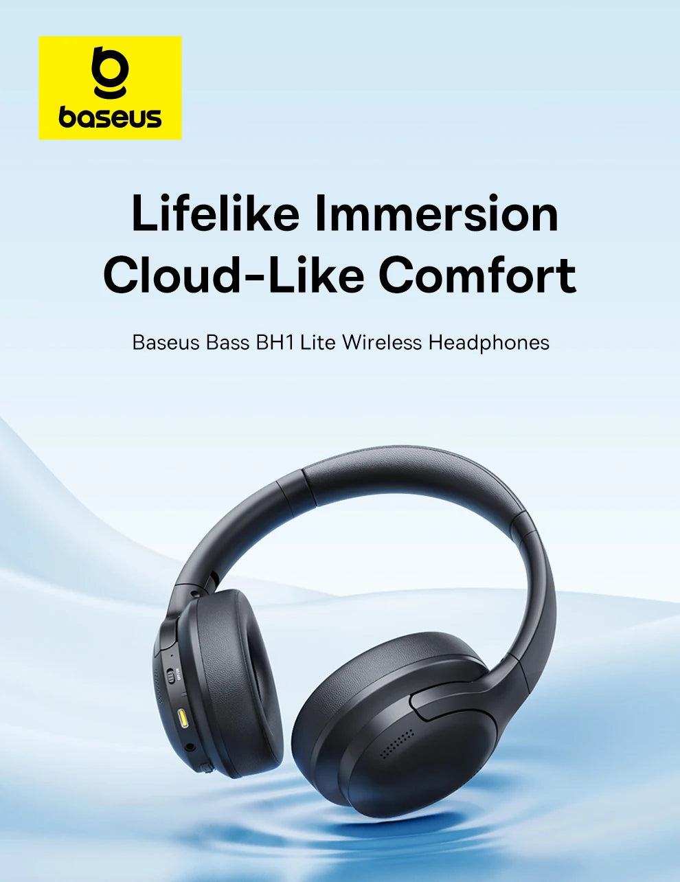 Baseus BH1 Lite Wireless Headphones Bluetooth 6.0 ENC Clear Call Headsets Super Bass Hit Earphones 80H Playtime Over Ear Headset