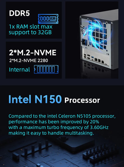 XCY X108 NAS Mini PC 4-fack 2,5"/3,5" SATA – Intel N150 / Celeron N2940, Windows 10/11 Linux NAS, DDR5/DDR3L