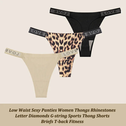 3Pcs/Set Low Waist Sexy Panties Women Thongs Rhinestones Letter Diamonds G-string Sports Thong Shorts Briefs T-back Size XS-XL