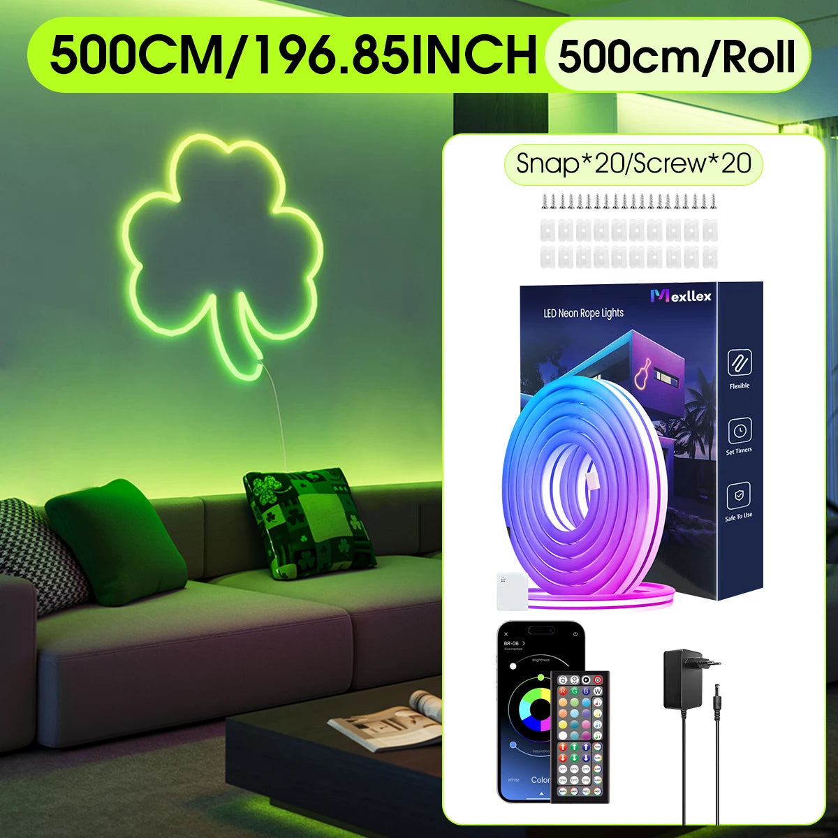 Flexibel LED Neon-slinga – RGB, IP65, App & Fjärr, Musiksynk, 24V, EU-kontakt, 5–30M