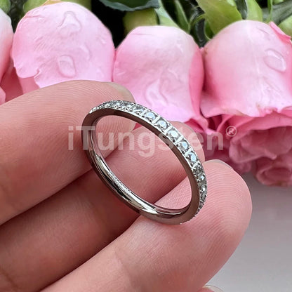 ITungsten 2/3/4mm Men Women Titanium Princess Cubic Zirconia CZ Inlay Ring Nice Eternity Engagement Wedding Band