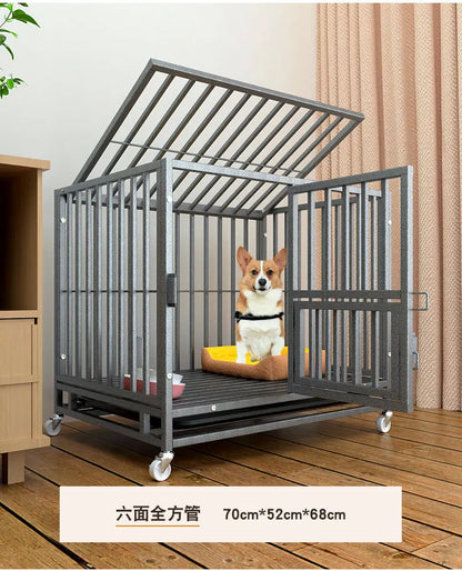 Heavy Duty Square Tube Dog Cage for Medium Large Dogs Indoor Metal Kennel with Toilet Tray Foldable Iron Pet Crate Furniture