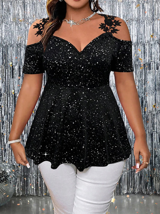 Dam Glitter Peplum Topp Stor Storlek 2026 – Cold Shoulder V-ringning Spets Festtopp Kvällsstil, 0XL–5XL