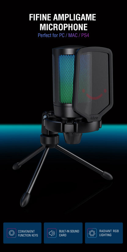FIFINE USB Gaming Microphone,Condenser MIC with RGB,for PC PS4 PS5 MAC,Suit for Podcasters/Gamers/Influencers/Home Studio