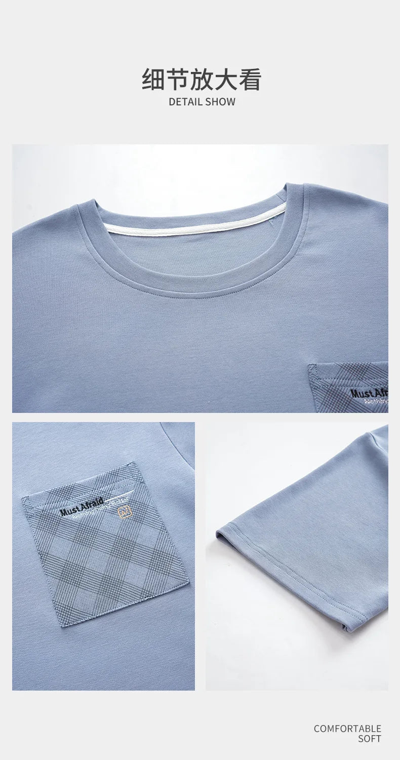 Antibacterial Cotton Pajamas for Men Summer Short Sleeve Shorts Long Pant Three-Piece Set Simple Solid Color Loose Homewear