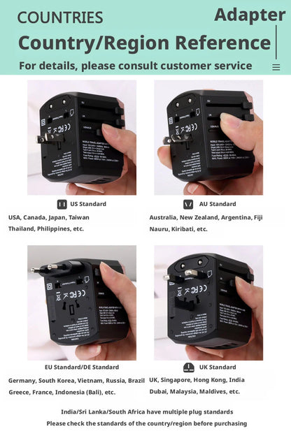 Global Power Converter for Travelers: Multi-Standard Plug (US/EU/UK/AU), 2000W Max, 4 USB Charging, Safety Door
