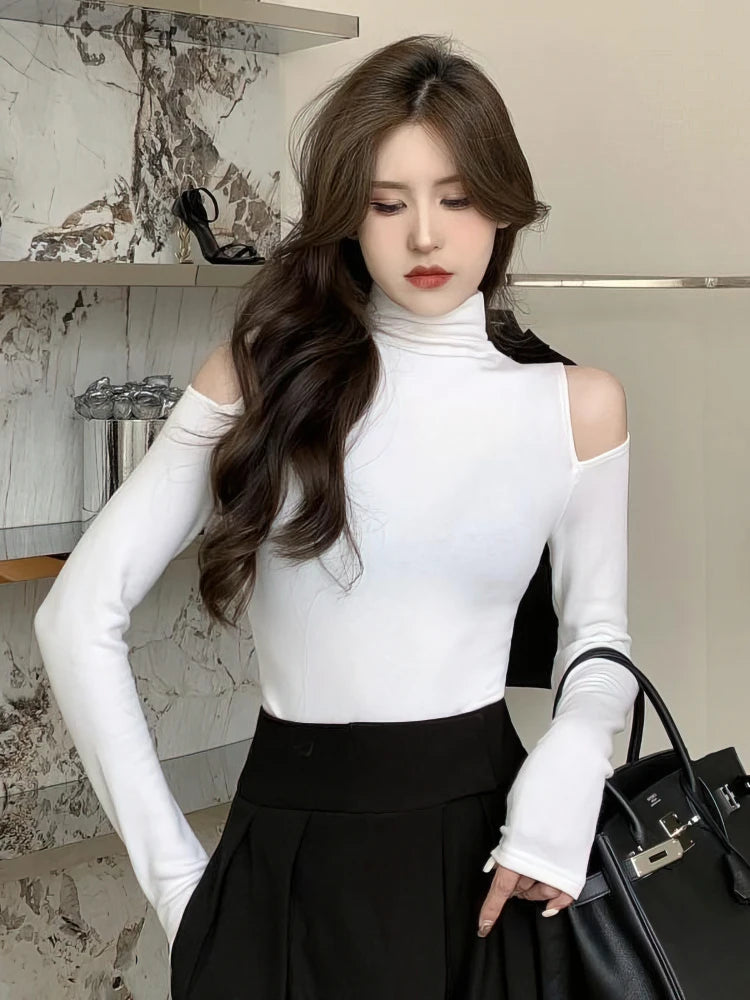 Korean Fall Winter Turtleneck Basic Tops Women Sexy Off Shoulder Long Sleeve Thick Fleece T Shirt Fashion Black Tees Lady