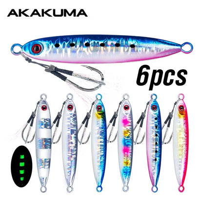 6Pcs Metal Jigging Lure 10-100g Slow Sinking Casting Bait 3D Eyes Luminous with Assist Hooks for Sea Fishing