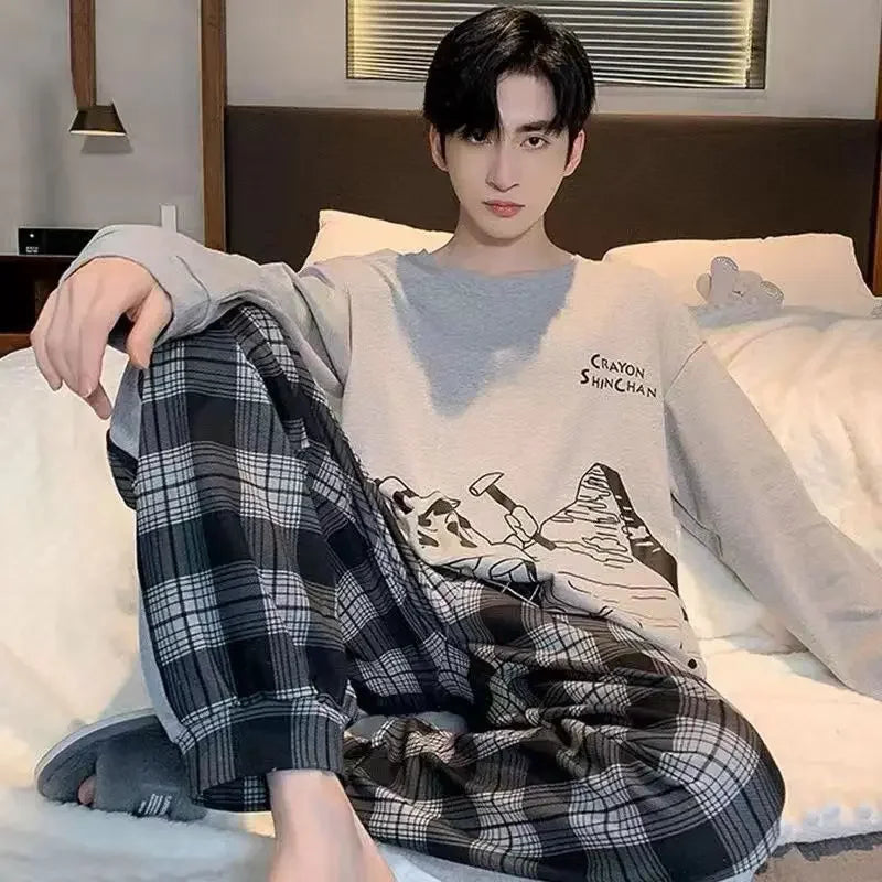 Herr Pyjamas Set Vår & Höst – Långärmad O-ringning & Rutiga Byxor Tunn, 5 Färger L–4XL