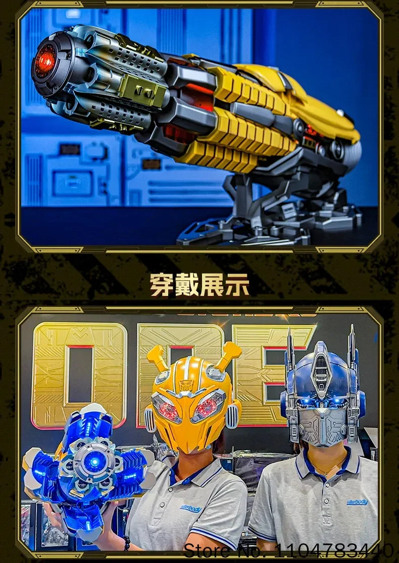 Bärbar Bumblebee hjälmleksak med armkanon och rollspelsdesign