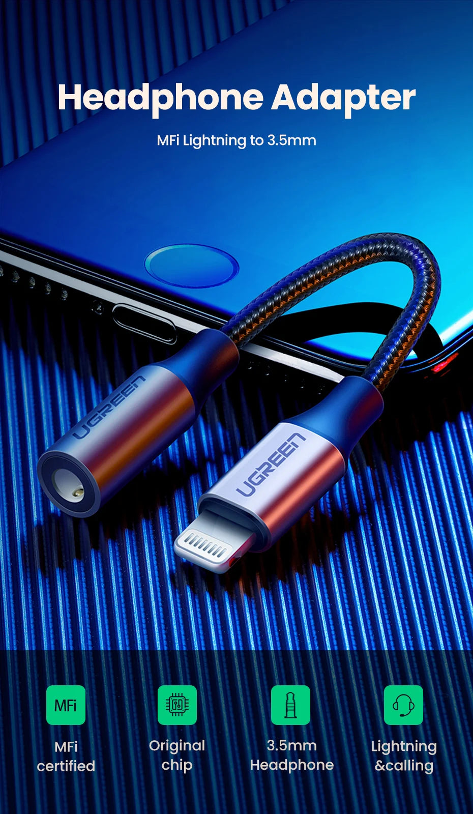 UGREEN Adapter for iPhones MFi DAC Lightning to 3.5mm Headphone Adapter For iPhone 12 11 Pro max xr Aux Cable Phone Accessories