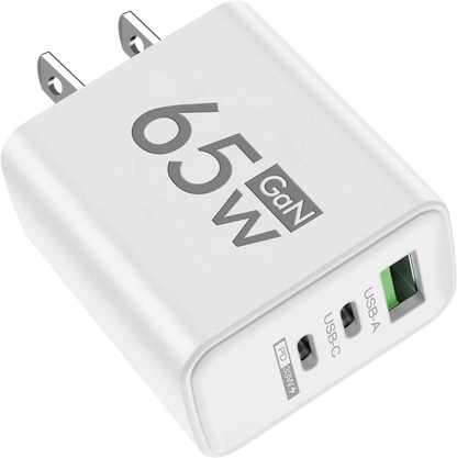 65W GaN-laddare med 3 Portar – USB-C PD och QC 3.0, Kompatibel med iPhone, Samsung och Xiaomi