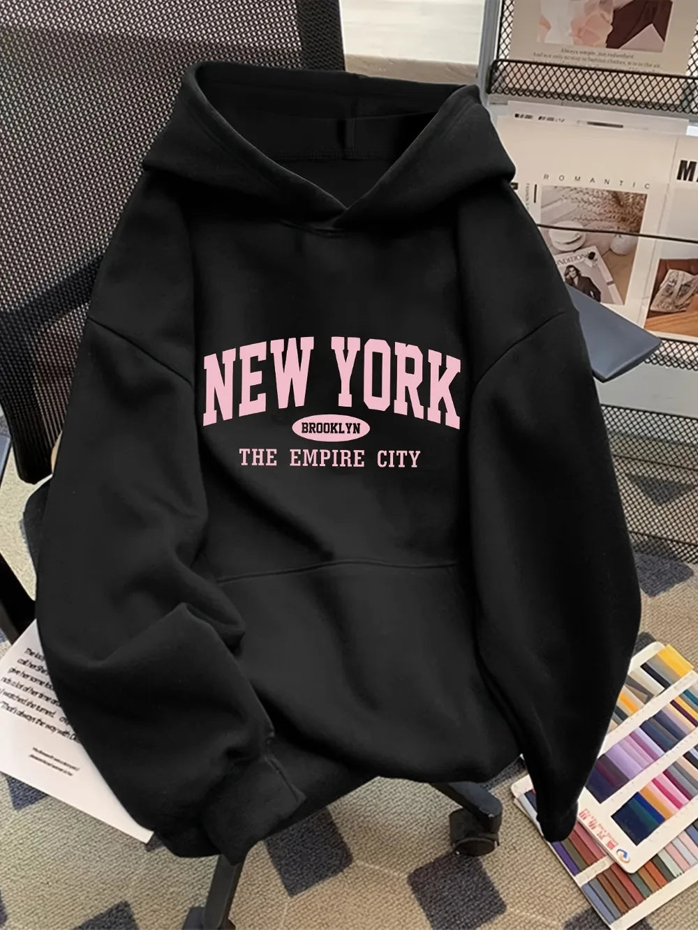 Dam Hoodie Lös Bokstavstryck – Casual Geometriskt Mönster Huva Fångar Fickor Höst/Vinter, 6 Färger S–3XL