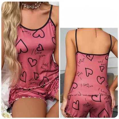 Dam Pyjamas Set Is-Silk – Röda Hjärtan, T-shirt & Shorts Sommar Loungewear