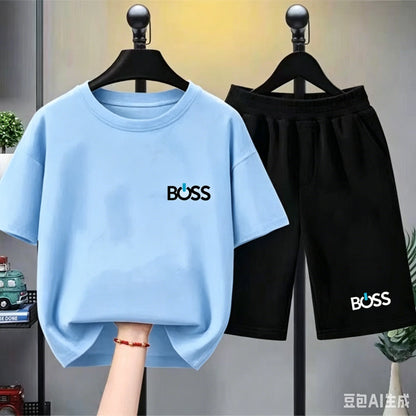 Child T-shirt Summer Short Sleeve Print Children Age 3-12 Girls boy Set white black Tshirt+Shorts 2pcs leisure fashion Kids Set