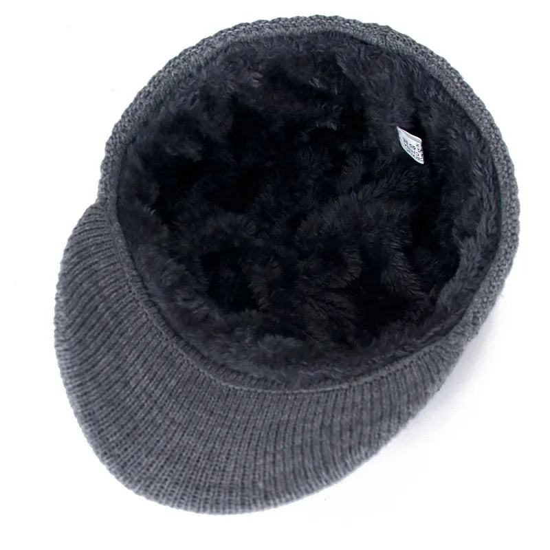 Hot Sale Unisex Warm Winter Hat With Brim Plush Fur Lined Knit Cap Sports Label Thicken Winter Hats For Men