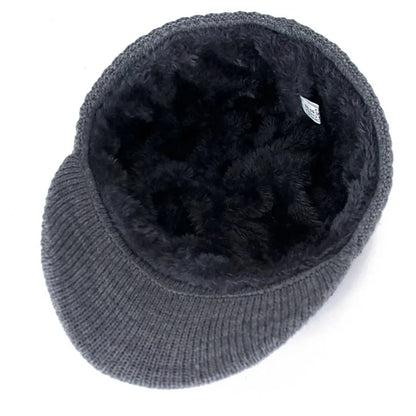 Hot Sale Unisex Warm Winter Hat With Brim Plush Fur Lined Knit Cap Sports Label Thicken Winter Hats For Men