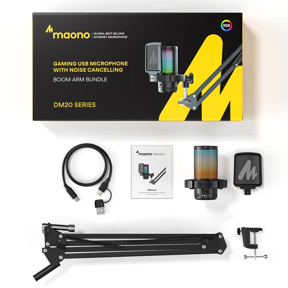 MAONO DGM20S Gaming USB Microphone Condenser Mic with RGB Light Noise Cancellation Boom Arm for Streaming Podcast YouTube Tiktok