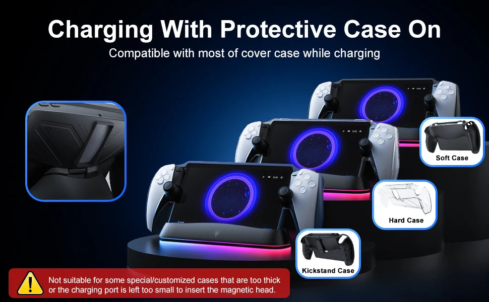 HONCAM Auto Align Charging Dock for PlayStation Portal 7 RGB Light Modes Portable Dock Station with USB-C Charging Cable