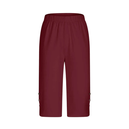 High-Waisted Elastic Seven-Foot Pants Women's Mid-Calf Trousers Base Layer Clothing with Button Detail