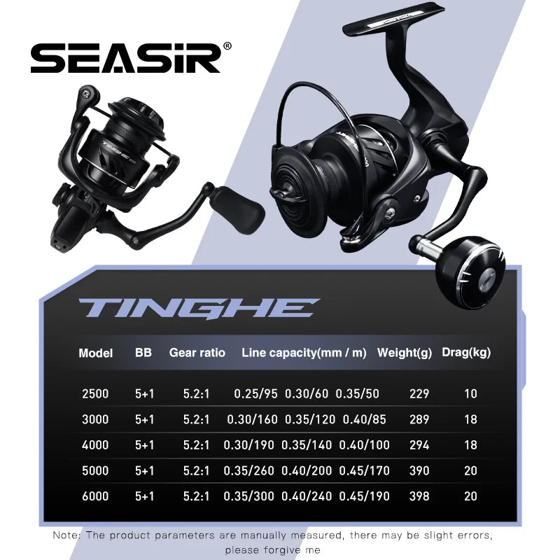SEASIR TINGHE Spinning Fiskerulle – Max 20kg Drag, 5.2:1, Saltvattensskyddad, Aluminiumhandtag, 2500–6000