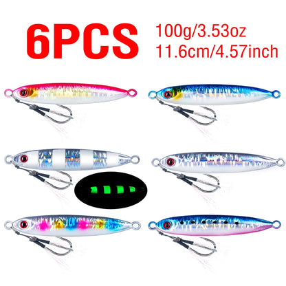 6Pcs Metal Jigging Lure 10-100g Slow Sinking Casting Bait 3D Eyes Luminous with Assist Hooks for Sea Fishing