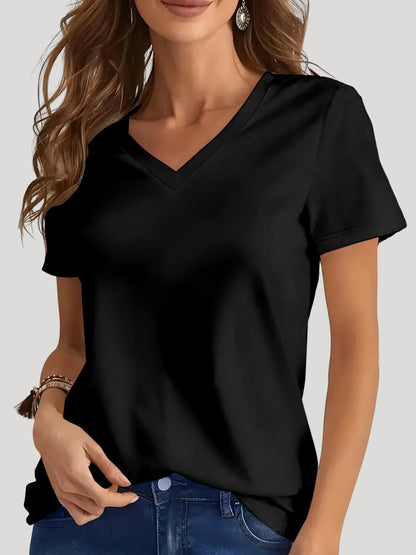 Women's Oversized V-Neck T-Shirt Solid Color Short-Sleeve Curved Hem Soft Fabric Black Gray Navy