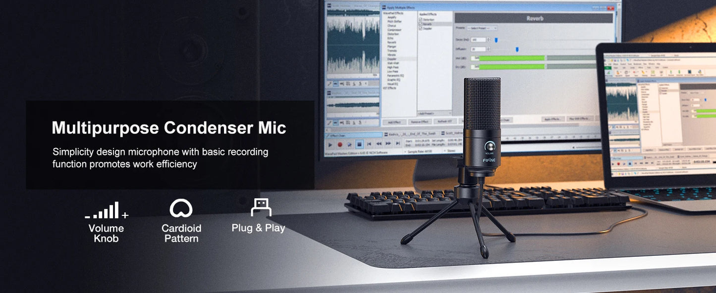 FIFINE USB Condenser Microphone with Gain Knob,Metal Recording Mic for Home Studio,Podcasting,Voice-over,Laptop,Windows -K669