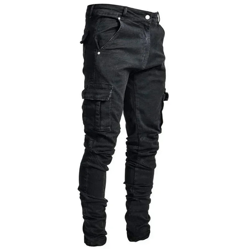Fashion Solid Color Versatile Jeans Men High Quality Multi Pockets Cargo Denim Trousers Male Classic Mid Waist Narrow Leg Pants