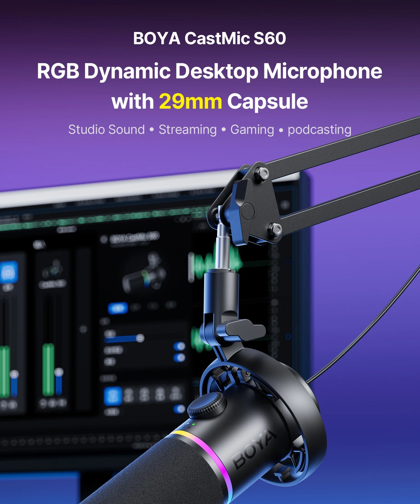 BOYA CastMic S60 USB/XLR Dynamic Microphone with RGB for Gaming, Streaming, Podcasts Studio Grade 4 in 1 Support Phone PC Laptop
