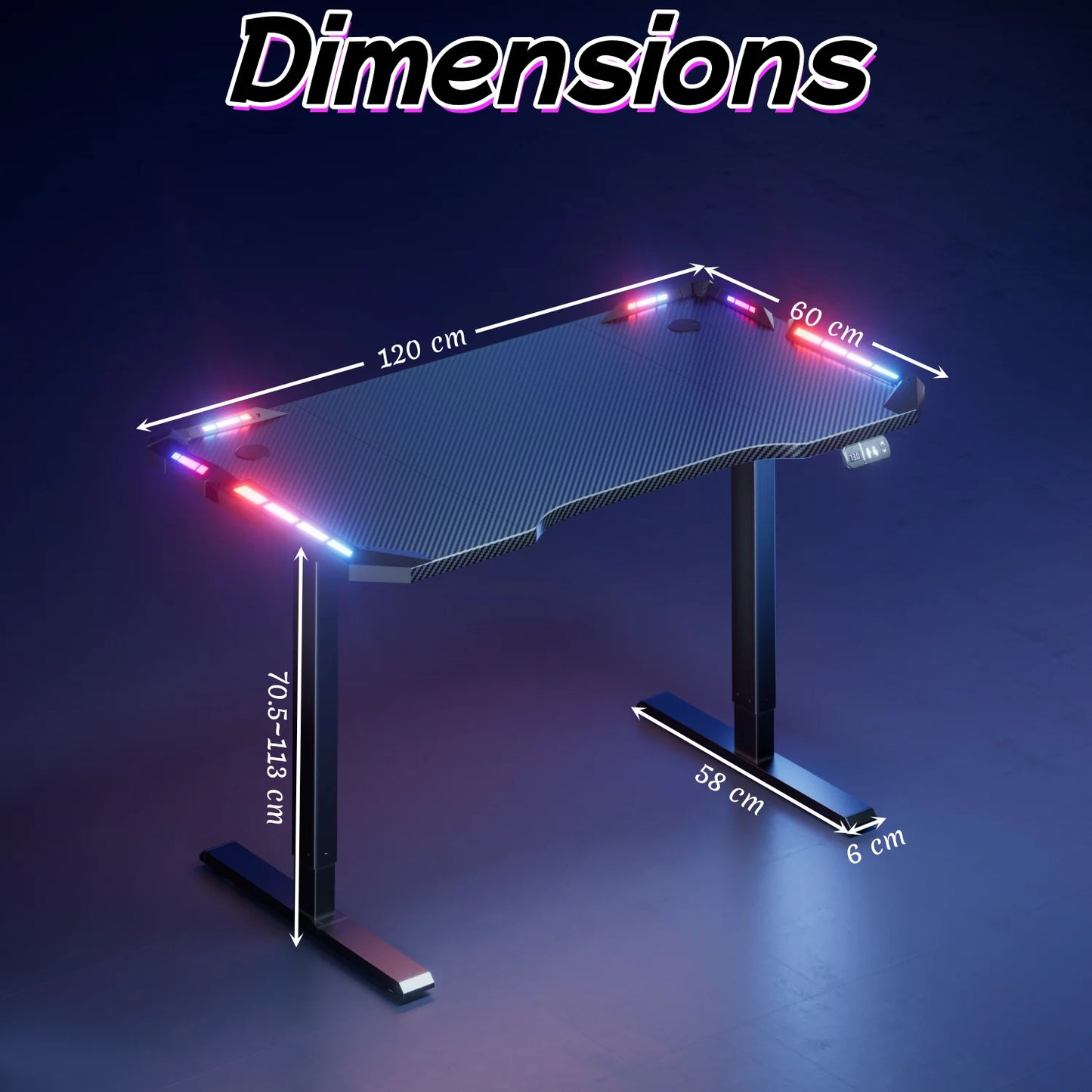 120/140/160cm Electric Height Adjustable Table, Ergonomic Gaming Desk with LED Lights, Carbon Fiber Desktop for Home Office